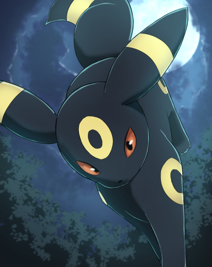 clouds colored_sclera full_moon highres looking_at_viewer moon night no_humans outdoors pokemon pokemon_(creature) red_sclera rumine_(yoshi1234567) solo tree umbreon