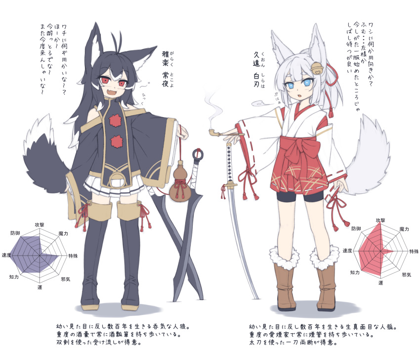 2girls :d :o animal_ear_fluff animal_ears antenna_hair bell bike_shorts black_footwear black_hair black_shorts blue_eyes blush boots brown_footwear character_name clothing_request commentary_request fang fox_ears fox_girl fox_tail full_body fur-trimmed_boots fur_trim hair_bell hair_ornament hakama hakama_short_skirt hakama_skirt highres holding holding_gourd holding_smoking_pipe japanese_clothes jingle_bell katana kimono knee_boots kyuutou_(kyuutouryuu) lolibaba long_hair long_sleeves looking_at_viewer medium_hair miko multiple_girls no_socks open_mouth original outstretched_arm parted_lips pleated_skirt radar_chart red_eyes red_hakama rope shadow shimenawa shorts simple_background skin_fang skirt sleeves_past_wrists smile smoke smoking_pipe standing sword tail thick_eyebrows thigh_boots translation_request weapon weapon_request werewolf white_background white_hair white_kimono white_skirt wide_sleeves