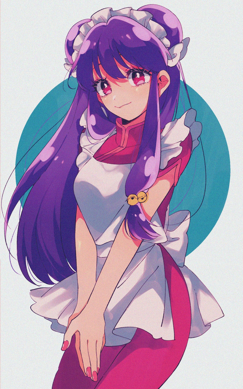 1girl apron bell breasts chinese_clothes commentary cowboy_shot double_bun hair_bell hair_bun hair_ornament headdress highres long_hair looking_at_viewer own_hands_together pink_eyes purple_hair ranma_1/2 rumic_0620 shampoo_(ranma_1/2) short_sleeves sidelocks smile solo white_apron