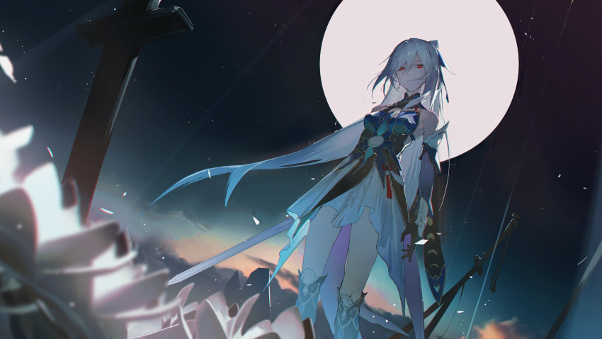 1girl absurdres bare_shoulders black_gloves blue_sleeves boots detached_sleeves earrings expressionless full_moon gloves high_ponytail highres holding holding_sword holding_weapon honkai:_star_rail honkai_(series) jewelry jingliu_(honkai:_star_rail) karasuro long_hair looking_at_viewer moon night night_sky ponytail red_eyes single_earring sky solo sword thighs weapon white_hair