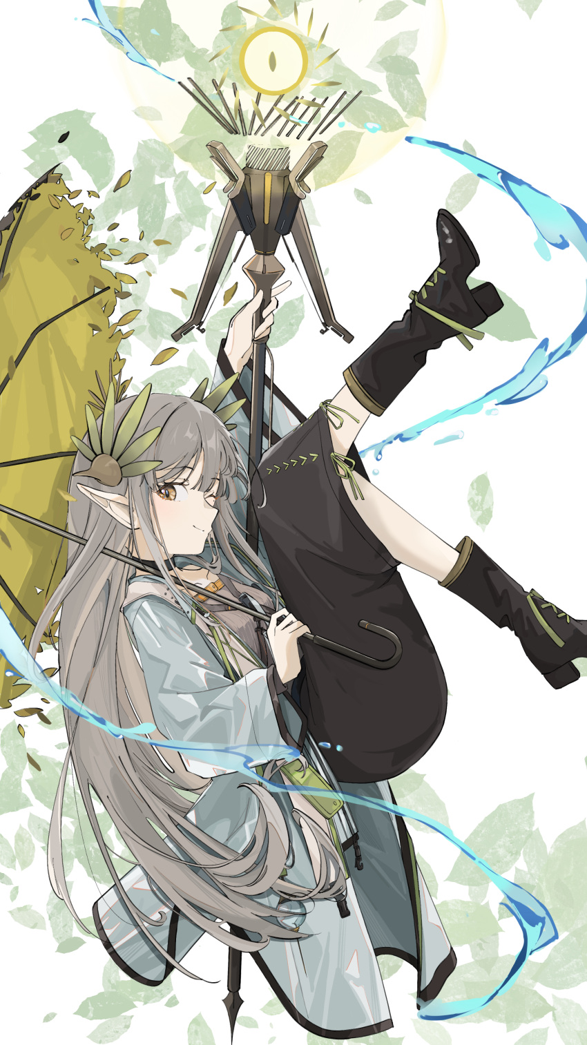 1girl absurdres adesu_(gekkahyouzin) arknights black_footwear black_skirt boots breasts closed_mouth coat collarbone commentary elf full_body grey_hair grey_shirt highres holding holding_staff holding_umbrella laurel_crown long_hair looking_at_viewer medium_breasts muelsyse_(arknights) one_eye_closed open_clothes open_coat pointy_ears shirt skirt smile solo staff umbrella very_long_hair white_background white_coat yellow_eyes