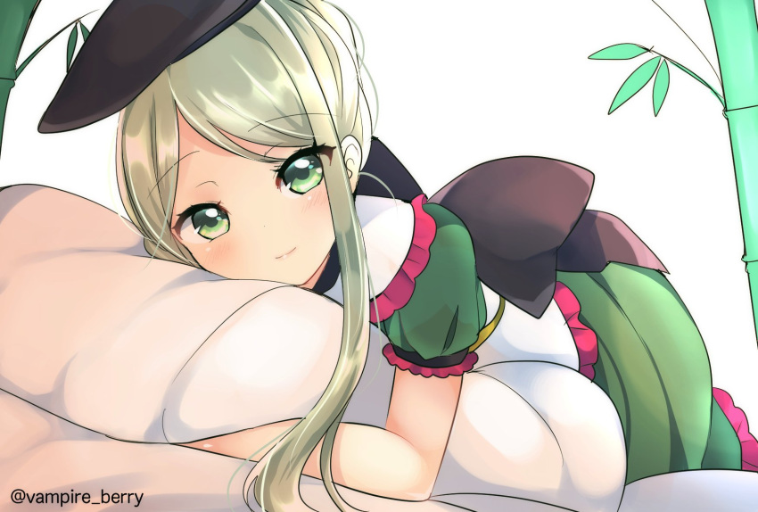 bamboo black_headwear black_ribbon closed_mouth collared_dress commentary_request dress dress_ribbon eyes_visible_through_hair green_dress green_eyes green_hair hat highres looking_at_viewer on_bed one-hour_drawing_challenge ougi_hina puffy_short_sleeves puffy_sleeves ribbon short_hair_with_long_locks short_sleeves simple_background smile teireida_mai touhou white_background