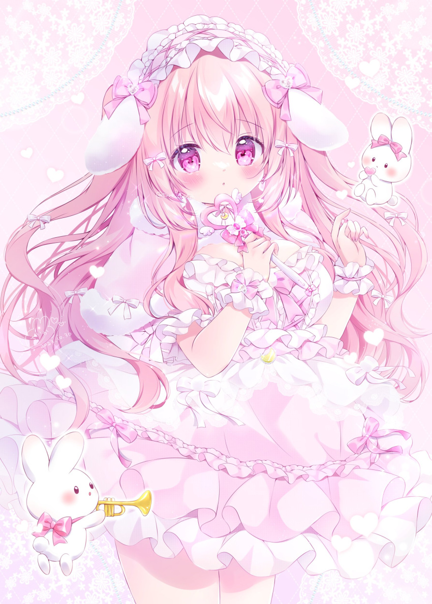 1girl absurdres animal_ears bare_legs blush bow bowtie breasts chiika_(cure_cherish) dress hair_bow highres large_breasts long_hair looking_at_viewer original pink_dress pink_eyes pink_hair rabbit rabbit_ears ribbon scrunchie short_sleeves wand wrist_scrunchie