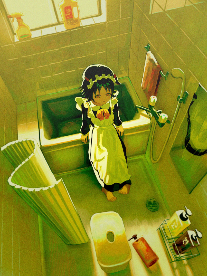 1girl apron arm_support barefoot bathtub black_dress black_hair bottle bow bowtie brown_eyes closed_mouth collared_dress day dress frilled_apron frills from_above hair_bobbles hair_ornament highres indoors kagenoyuhi long_dress long_sleeves maid maid_apron maid_headdress mirror orange_bow orange_bowtie original shampoo_bottle short_hair shower_head sitting soap_bottle solo spray_bottle tile_wall tiles towel towel_rack two_side_up white_apron window
