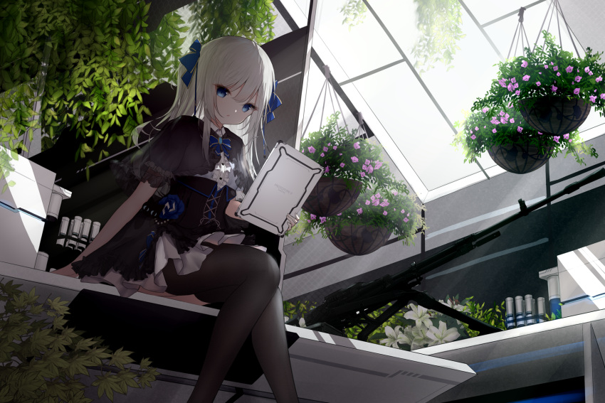 1girl black_capelet black_thighhighs blue_bow blue_bowtie blue_eyes bow bowtie capelet character_request copyright_request flower glass_ceiling gun guo582 hair_bow hanging_plant highres holding holding_tablet_pc pink_flower rifle sitting sniper_rifle solo tablet_pc thigh-highs virtual_youtuber weapon white_flower white_hair
