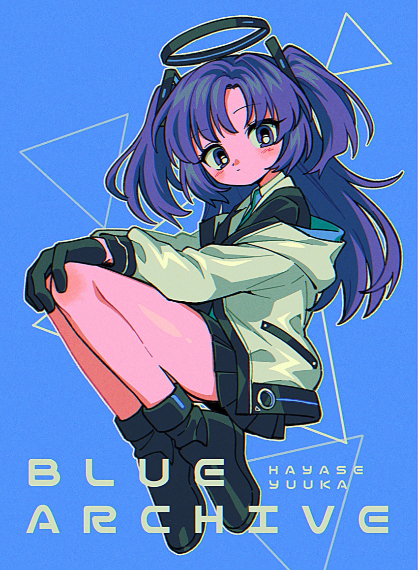 1girl black_footwear black_gloves black_skirt blue_archive blue_background blue_necktie blue_socks blush character_name collared_shirt floating gloves hand_on_own_knee highres jacket long_hair looking_at_viewer menma_(enaic31) necktie purple_hair shirt skirt socks solo triangle twintails violet_eyes white_jacket yuuka_(blue_archive)