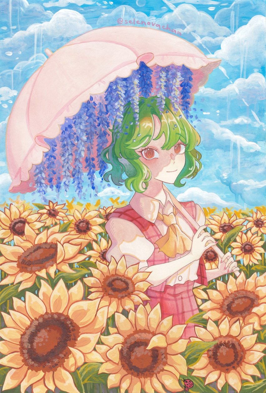 1girl absurdres acrylic_paint_(medium) ascot blue_flower blue_sky closed_mouth commentary english_commentary flower green_hair highres holding holding_umbrella kazami_yuuka looking_at_viewer outdoors painting_(medium) parasol plaid plaid_skirt plaid_vest red_eyes red_skirt red_vest selenenovachan shirt short_hair short_sleeves skirt sky smile solo sunflower touhou traditional_media twitter_username umbrella vest white_shirt yellow_ascot yellow_flower