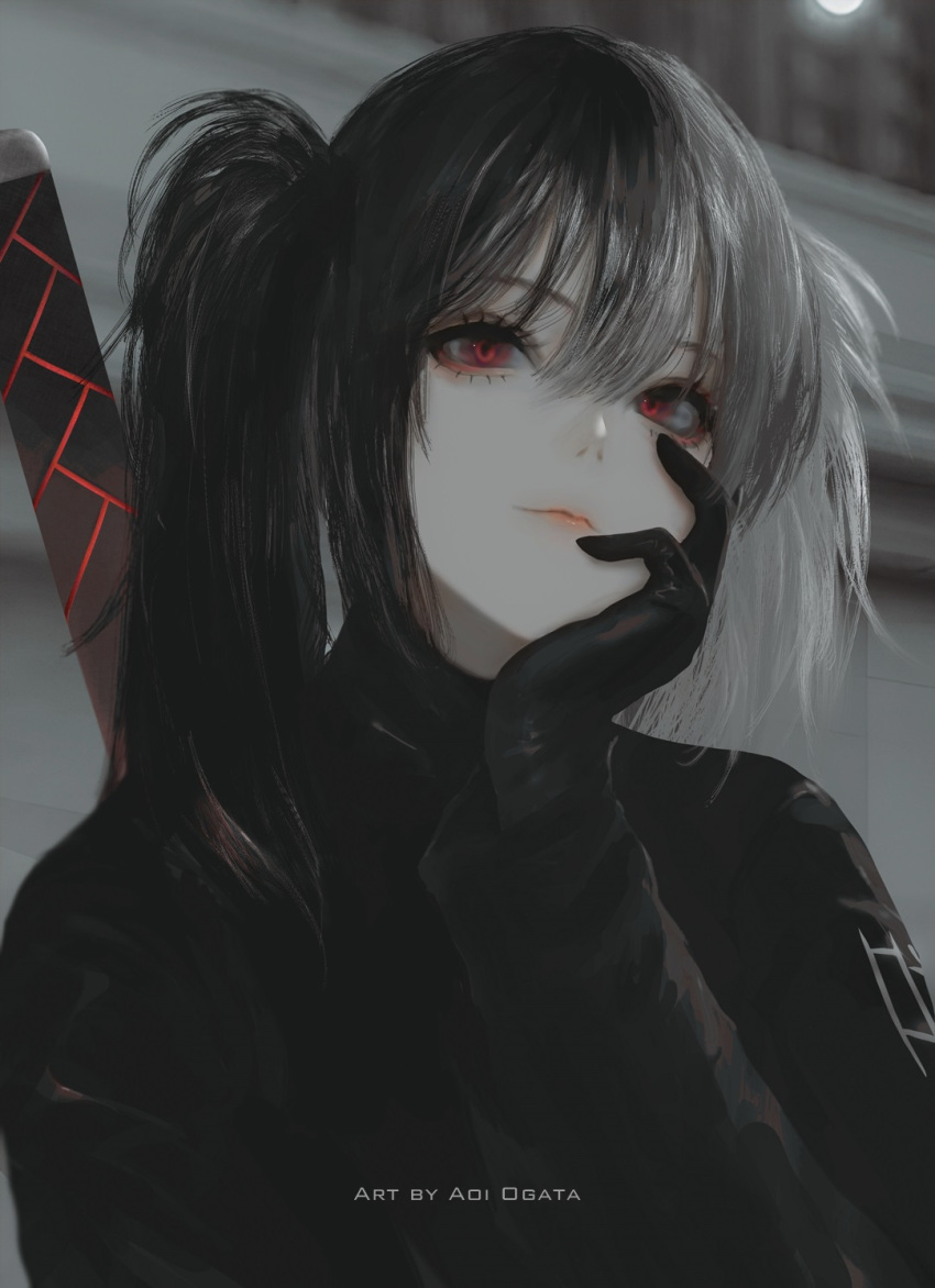 1girl aoi_ogata artist_name black_gloves black_hair black_jacket blurry blurry_background clip_studio_paint_(medium) closed_mouth commentary commission depth_of_field english_commentary gloves grey_hair hand_up highres jacket long_sleeves looking_at_viewer multicolored_hair original red_eyes smile solo twintails two-tone_hair upper_body