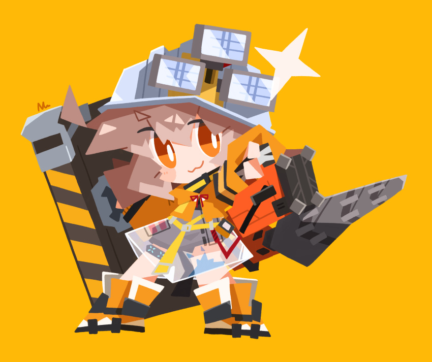 1girl :3 absurdres arknights blush blush_stickers brown_hair cement_(arknights) chibi closed_mouth commentary hard_hat helmet highres holding holding_shield jacket nuu_(nu-nyu) orange_background orange_eyes orange_footwear orange_jacket shield simple_background solo
