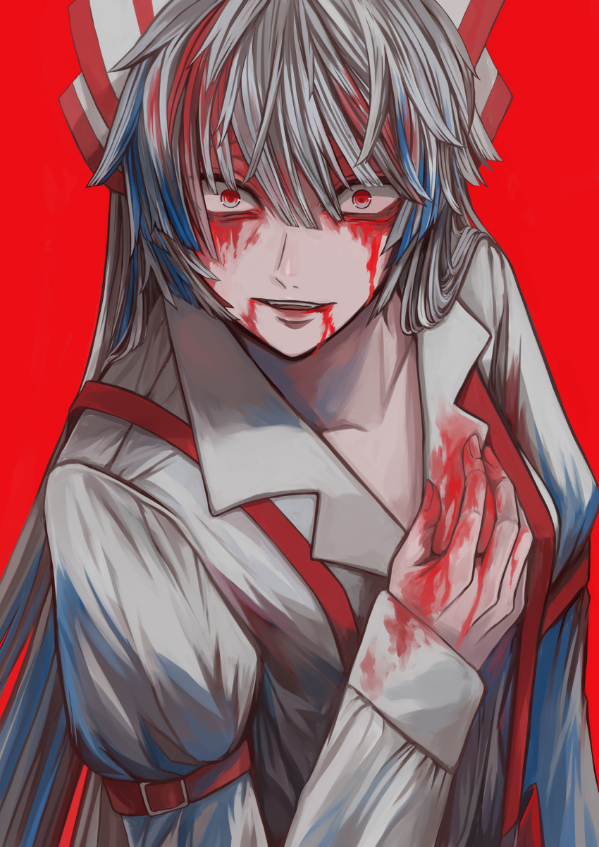 1girl blood bow collarbone commentary_request fujiwara_no_mokou grey_hair hair_bow highres long_hair long_sleeves looking_at_viewer mamiru_(42105269) parted_lips red_background red_eyes simple_background solo touhou upper_body