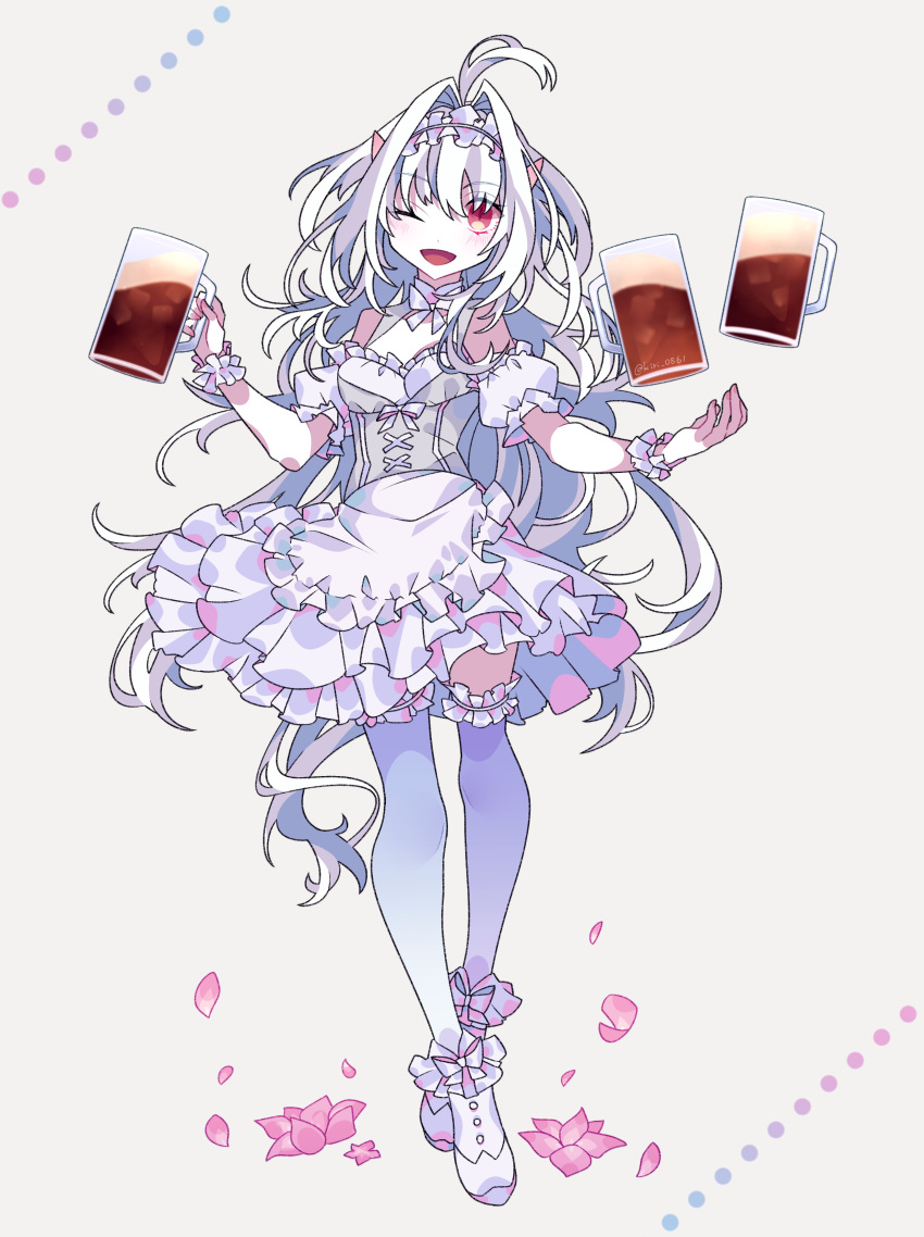 1girl absurdres ahoge alcohol beer beer_mug breasts cup fate/grand_order fate_(series) flower highres kujiramaru lady_avalon_(event_portrait)_(fate) lady_avalon_(fate) leggings long_hair maid medium_breasts merlin_(fate/prototype) mug one_eye_closed open_mouth pink_eyes pink_flower simple_background white_hair white_leggings