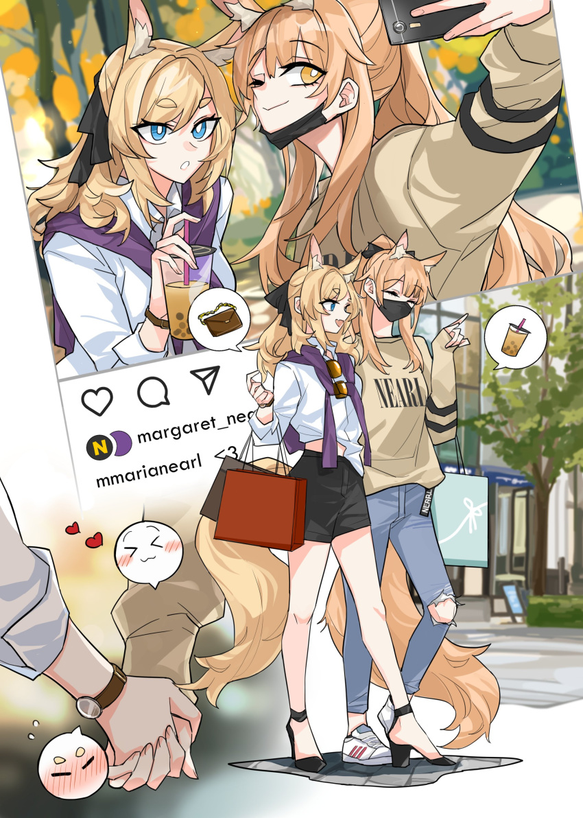 2girls absurdres animal_ears arknights aunt_and_niece bag blemishine_(arknights) blonde_hair blue_eyes bubble_tea closed_eyes cup dating denim drinking_straw english_text handbag high_heels highres holding holding_cup holding_hands horse_ears horse_girl horse_tail incest jeans mask mouth_mask multiple_girls pants rekka scarf selfie shoes shopping_bag sneakers social_network sunglasses tail torn_clothes torn_jeans torn_pants watch watch whislash_(arknights) yellow_eyes yuri