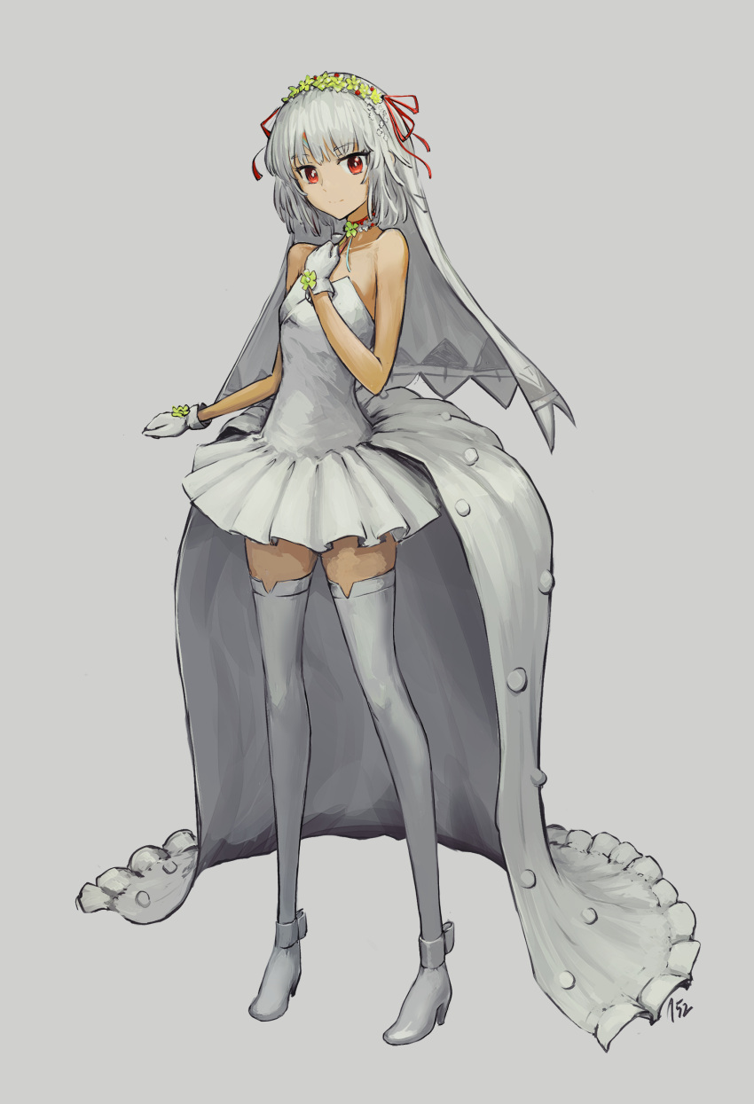 152_in_can 1girl absurdres altera_(fate) alternate_costume bare_shoulders bridal_veil closed_mouth collarbone commentary_request dark-skinned_female dark_skin dress fate/extella fate/extra fate/grand_order fate_(series) flat_chest full_body gloves grey_background grey_hair hand_on_own_chest highres long_hair looking_at_viewer red_eyes shoes short_hair solo strapless strapless_dress thigh-highs veil white_dress white_footwear white_gloves white_thighhighs