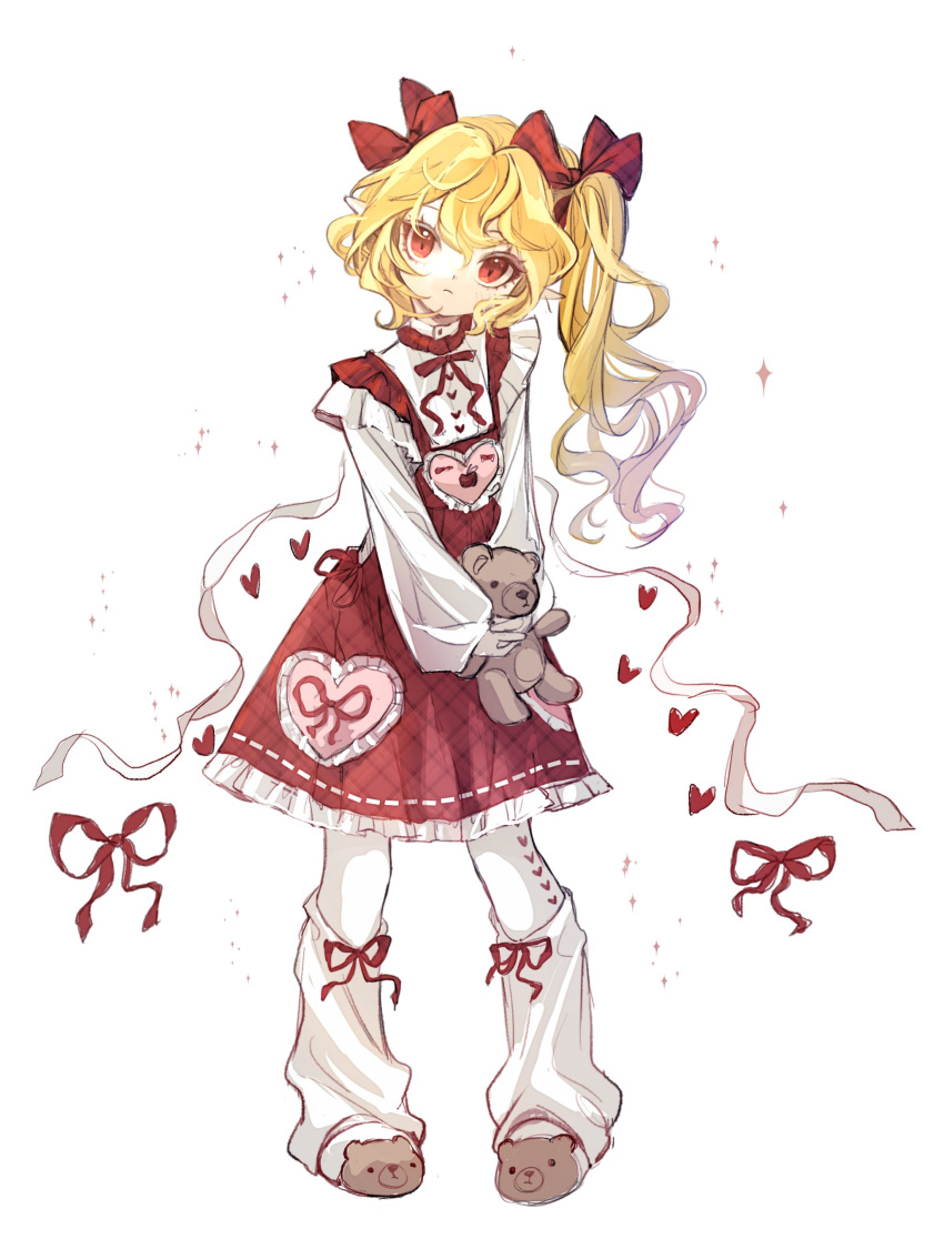 1girl 80isiiii absurdres alternate_costume bear_slippers bow closed_mouth dress flandre_scarlet frilled_skirt frills full_body hair_bow heart highres holding holding_stuffed_toy long_hair long_sleeves looking_at_viewer own_hands_together pantyhose pinafore_dress pointy_ears red_bow red_dress red_eyes red_ribbon ribbon simple_background skirt sleeveless sleeveless_dress solo stuffed_animal stuffed_toy teddy_bear touhou white_background white_leg_warmers white_pantyhose wide_ponytail