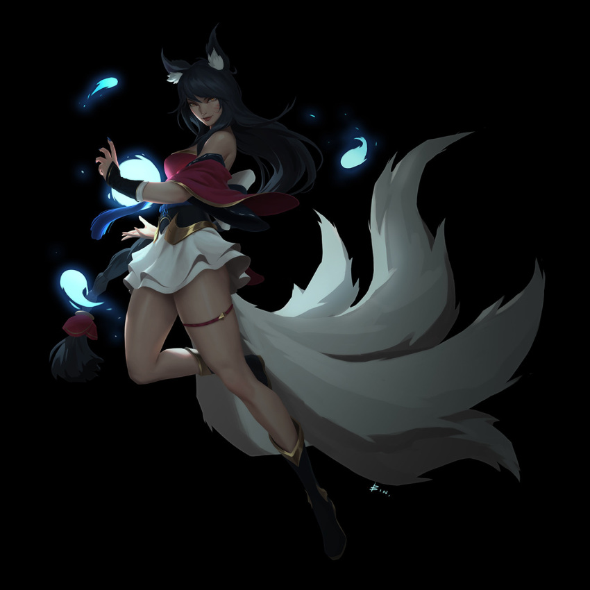 1girl ahri_(league_of_legends) animal_ears black_background black_hair blue_nails breasts brown_eyes commentary detached_sleeves energy_ball english_commentary facial_mark fox_ears fox_girl fox_tail frilled_skirt frills full_body highres huabinwang kitsune kyuubi league_of_legends long_hair low-tied_long_hair medium_breasts miniskirt multiple_tails signature skirt solo tail thigh_strap very_long_hair whisker_markings wide_sleeves
