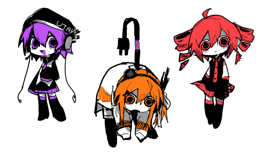 3girls a.i._voice adachi_rei ahoge bags_under_eyes bent_over beret black_footwear black_pantyhose black_skirt boots cable chibi collared_shirt colored_tongue detached_hair detached_sleeves drill_hair hair_ribbon hat headlamp headset highres jacket kasane_teto long_hair looking_at_viewer multiple_girls necktie nezumi030 one_side_up open_mouth orange_eyes orange_hair pantyhose pleated_skirt purple_hair purple_necktie purple_tongue radio_antenna red_eyes redhead ribbon robot_ears shirt short_hair sidelocks simple_background skirt sleeves_past_fingers sleeves_past_wrists smile thigh_boots twin_drills utane_uta utau violet_eyes white_background white_jacket white_ribbon wide-eyed wire