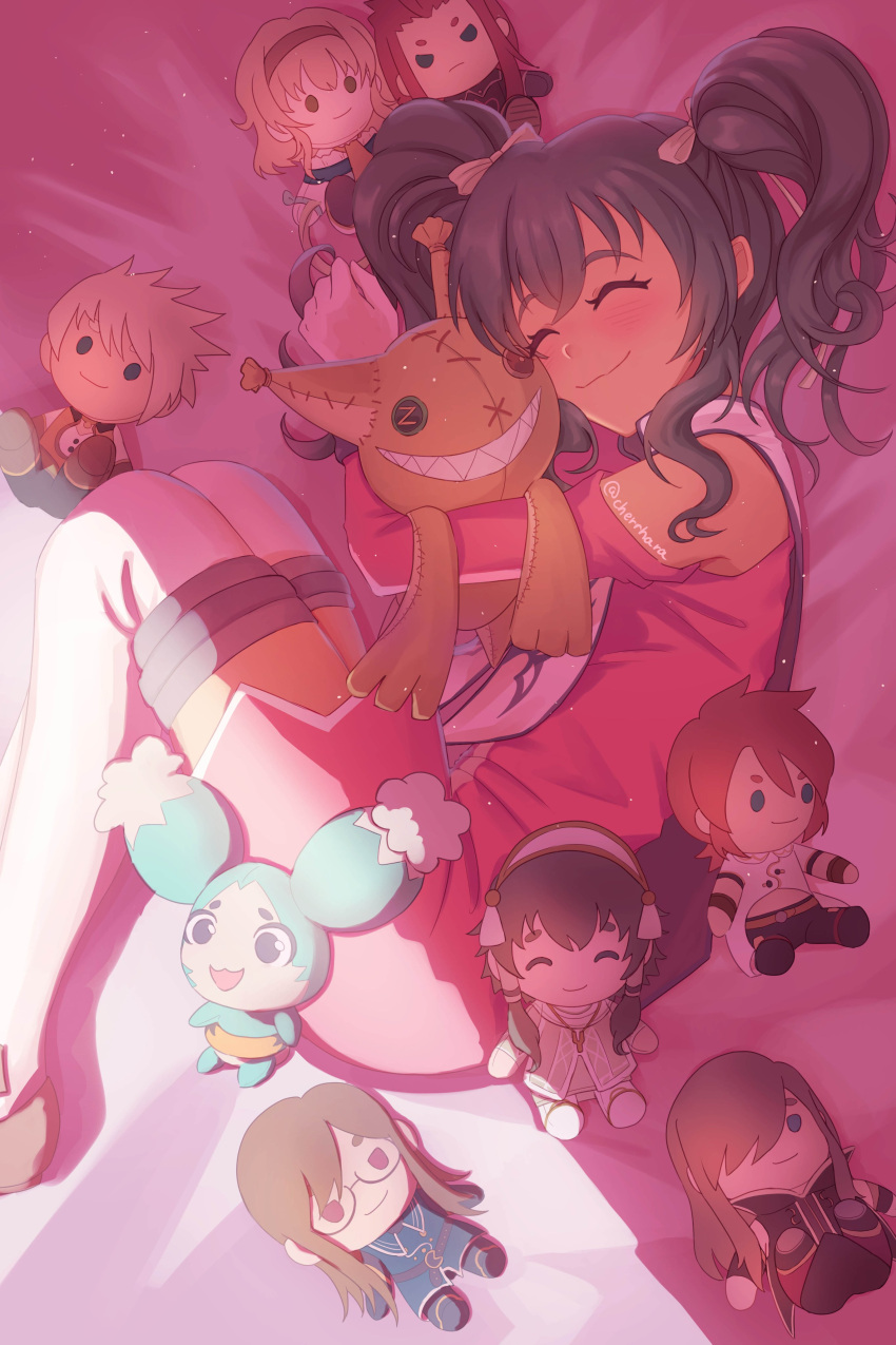 1girl absurdres anise_tatlin artist_name asch_(tales) bare_shoulders black_hair blush cherrhara closed_eyes crossed_bangs detached_sleeves dress grin guy_cecil highres holding holding_stuffed_toy ion_(tales) jade_curtiss luke_fon_fabre lying medium_hair mieu_(tales) natalia_luzu_kimlasca_lanvaldear on_bed on_side pink_dress pink_sleeves sharp_teeth sleeveless sleeveless_dress smile stuffed_toy tales_of_(series) tales_of_the_abyss tear_grants teeth thigh-highs tokunaga_(tales) twintails twitter_username white_thighhighs