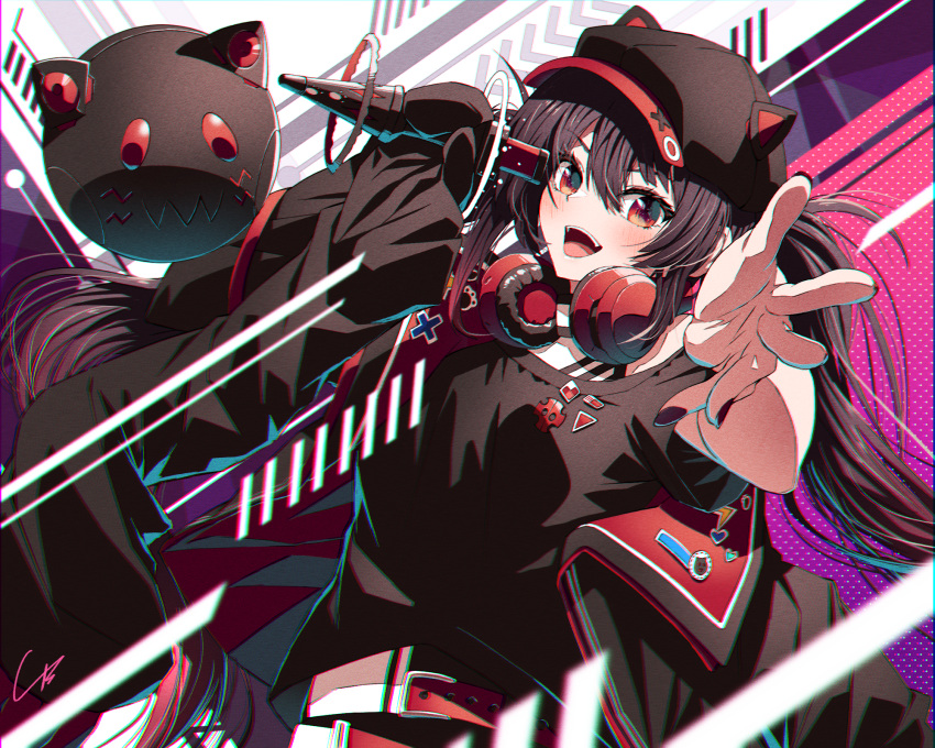 1girl 4b-enpitsu :d animal_ear_headwear belt black_hair black_headwear black_jacket black_shirt brown_eyes brown_hair character_request commentary commission fingernails hat headphones headphones_around_neck highres holding holding_microphone indie_virtual_youtuber jacket long_hair looking_at_viewer microphone nail_polish nanahoshi_nana open_mouth outstretched_hand pixiv_commission red_belt removing_jacket shirt short_sleeves signature smile solo twintails upper_body very_long_hair virtual_youtuber
