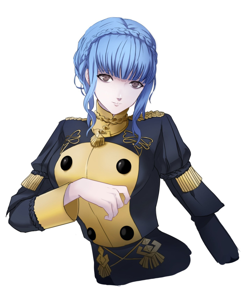 1girl blue_hair blunt_bangs braid breasts buttons closed_mouth cropped_torso crown_braid double-breasted epaulettes eyelashes fire_emblem fire_emblem:_three_houses garreg_mach_monastery_uniform grey_eyes highres igusaharu juliet_sleeves leaning_to_the_side light_smile long_sleeves looking_at_viewer marianne_von_edmund medium_breasts military_uniform puffy_sleeves short_hair_with_long_locks simple_background solo uniform white_background