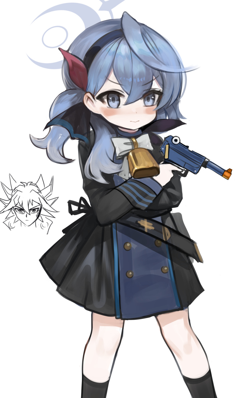 1girl absurdres ako_(blue_archive) bell black_dress black_hairband black_socks blue_archive blue_eyes blue_hair bow character_request closed_mouth commentary_request dokomon dress feet_out_of_frame gloves gun hair_between_eyes hairband halo handgun highres holding holding_gun holding_weapon korean_commentary long_hair long_sleeves looking_at_viewer luger_p08 neck_bell simple_background socks solo_focus standing v-shaped_eyebrows weapon white_background white_bow white_gloves