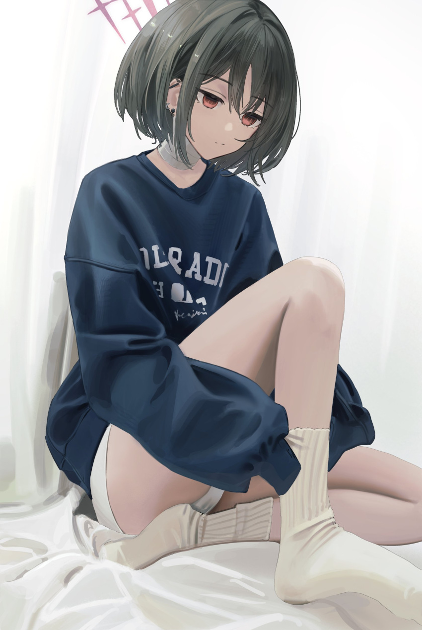 1girl absurdres adjusting_clothes adjusting_legwear bandaged_neck bandages bed_sheet black_hair blue_archive blue_shirt bob_cut ear_bar earrings english_commentary expressionless flippy_(cripine111) grey_halo halo highres jewelry knee_up long_sleeves looking_down misaki_(blue_archive) on_bed parted_bangs print_shirt puffy_long_sleeves puffy_sleeves red_eyes shirt short_hair short_shorts shorts sitting sleeves_past_fingers sleeves_past_wrists socks solo stud_earrings white_shorts white_socks