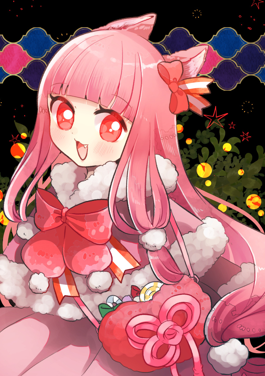 1girl :3 abstract_background absurdres alternate_costume bag black_background blunt_bangs blush bow bowtie candy capelet commentary_request dress fang floating_hair flower_knot food fur-trimmed_capelet fur_trim hair_bow highres kemonomimi_mode kotonoha_akane long_hair looking_at_viewer low-tied_sidelocks open_mouth oyasumi_makura pink_capelet pink_dress pink_hair pom_pom_(clothes) red_bow red_bowtie red_eyes shoulder_bag sidelocks smile solo star_(symbol) upper_body voiceroid