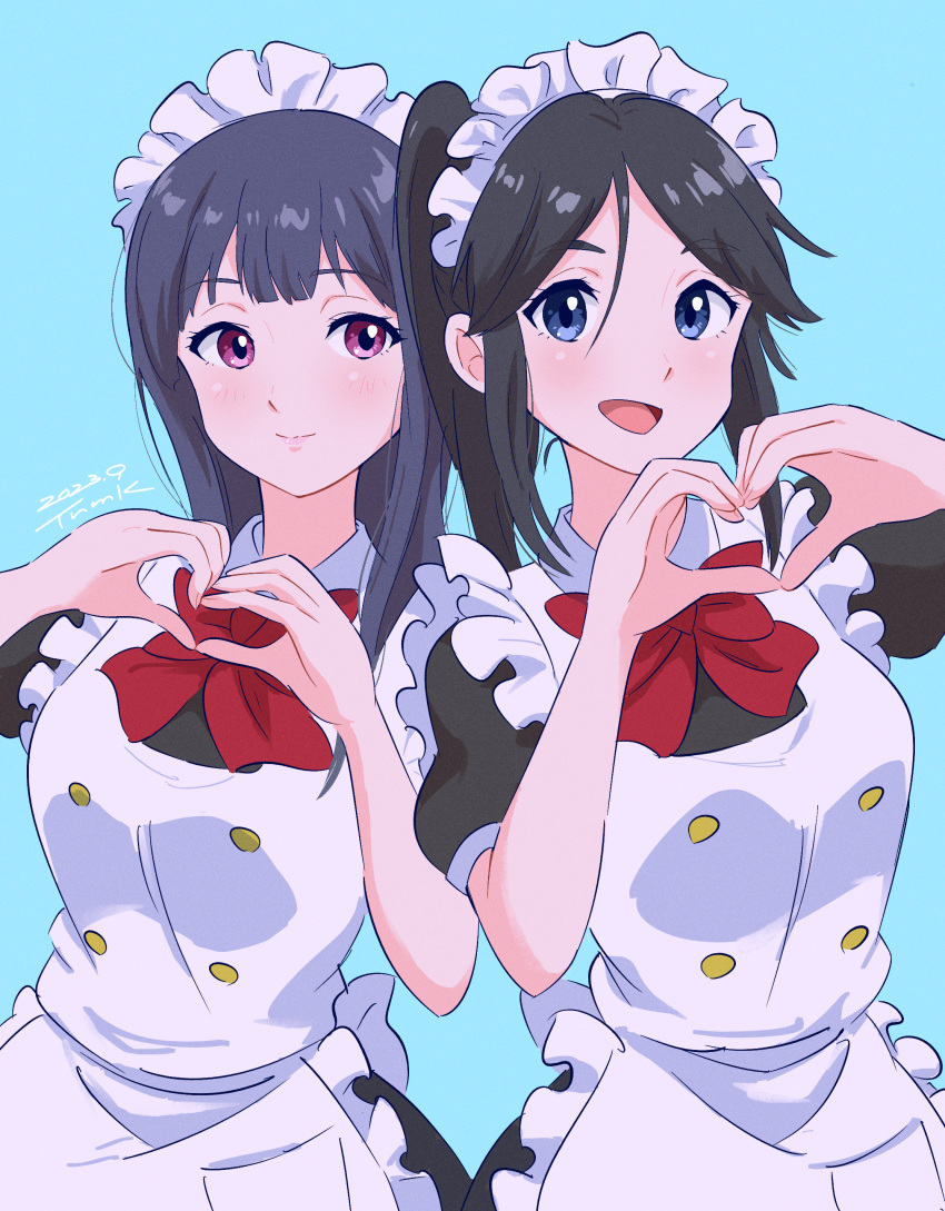 2girls absurdres alternate_costume apron black_hair blue_background blue_eyes bow bowtie closed_mouth enmaided heart heart_hands hibike!_euphonium highres kasaki_nozomi liz_to_aoi_tori long_hair looking_at_viewer maid maid_apron maid_headdress multiple_girls open_mouth ponytail red_bow red_bowtie smile tsunemoku violet_eyes yoroizuka_mizore