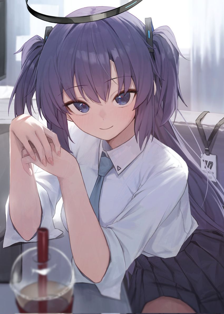 1girl aqua_necktie black_skirt blue_archive blush breasts collared_shirt cup disposable_cup gnns halo highres indoors lanyard looking_at_viewer medium_breasts necktie own_hands_together pleated_skirt purple_hair shirt shirt_tucked_in skirt smile solo two_side_up violet_eyes white_shirt yuuka_(blue_archive)
