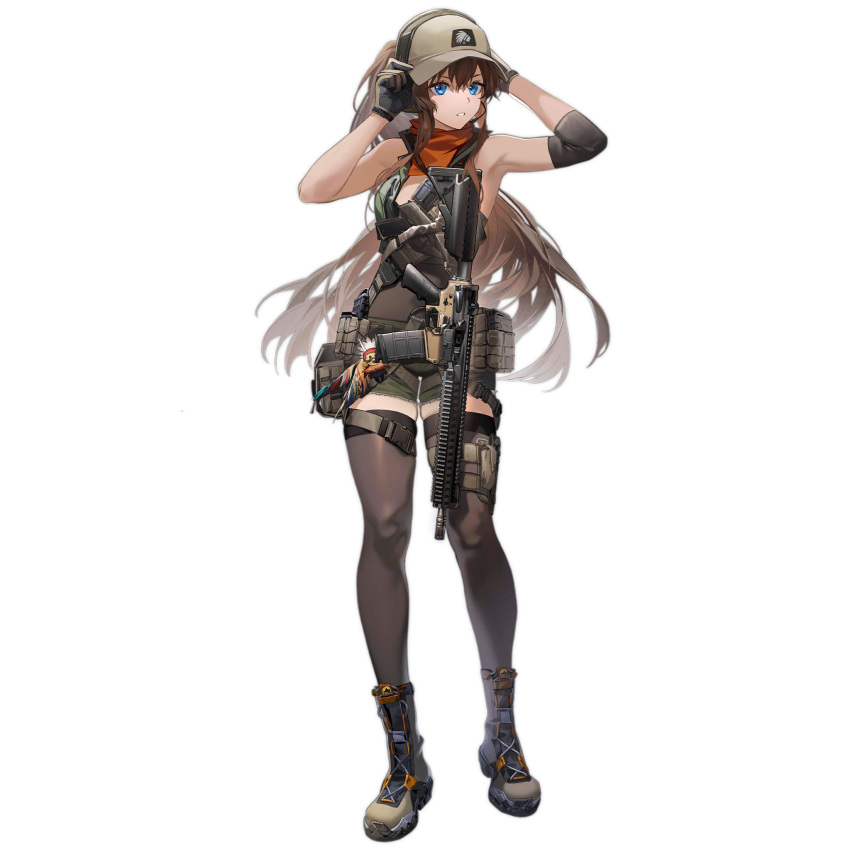 1girl alpha_transparency ascot assault_rifle baseball_cap belt_pouch blue_eyes boots brown_hair cm901_(girls'_frontline) colt_cm901 full_body girls_frontline gloves gun hat headset highres long_hair orange_ascot parted_lips pouch rff_(3_percent) rifle short_shorts shorts simple_background sleeveless solo standing thigh-highs third-party_source transparent_background very_long_hair weapon