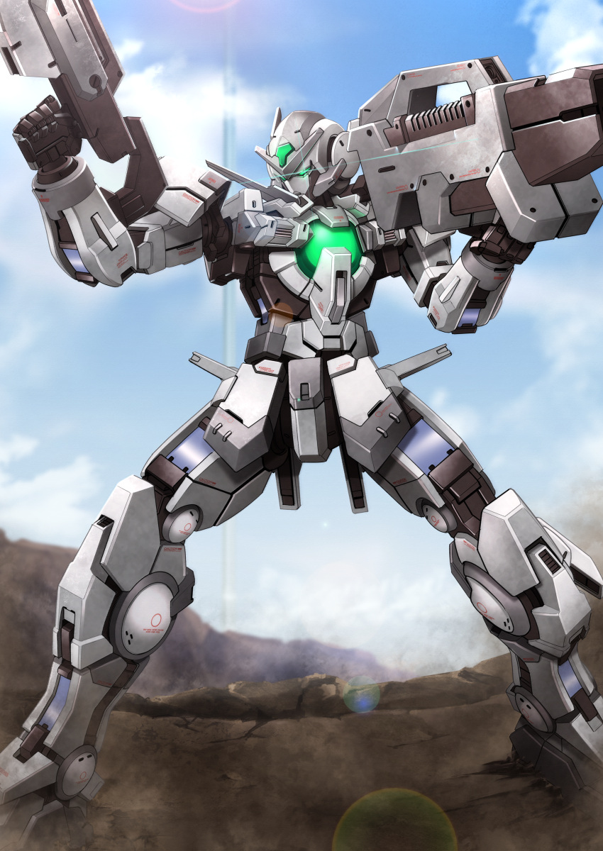 absurdres alternate_color ayato_mabu bazooka_(gundam) blue_sky blurry bokeh clouds cloudy_sky commentary depth_of_field eye_trail glowing glowing_eyes green_eyes gun gundam gundam_00 gundam_astraea highres holding holding_gun holding_weapon light_trail mecha mobile_suit outdoors robot sky standing v-fin weapon white_armor