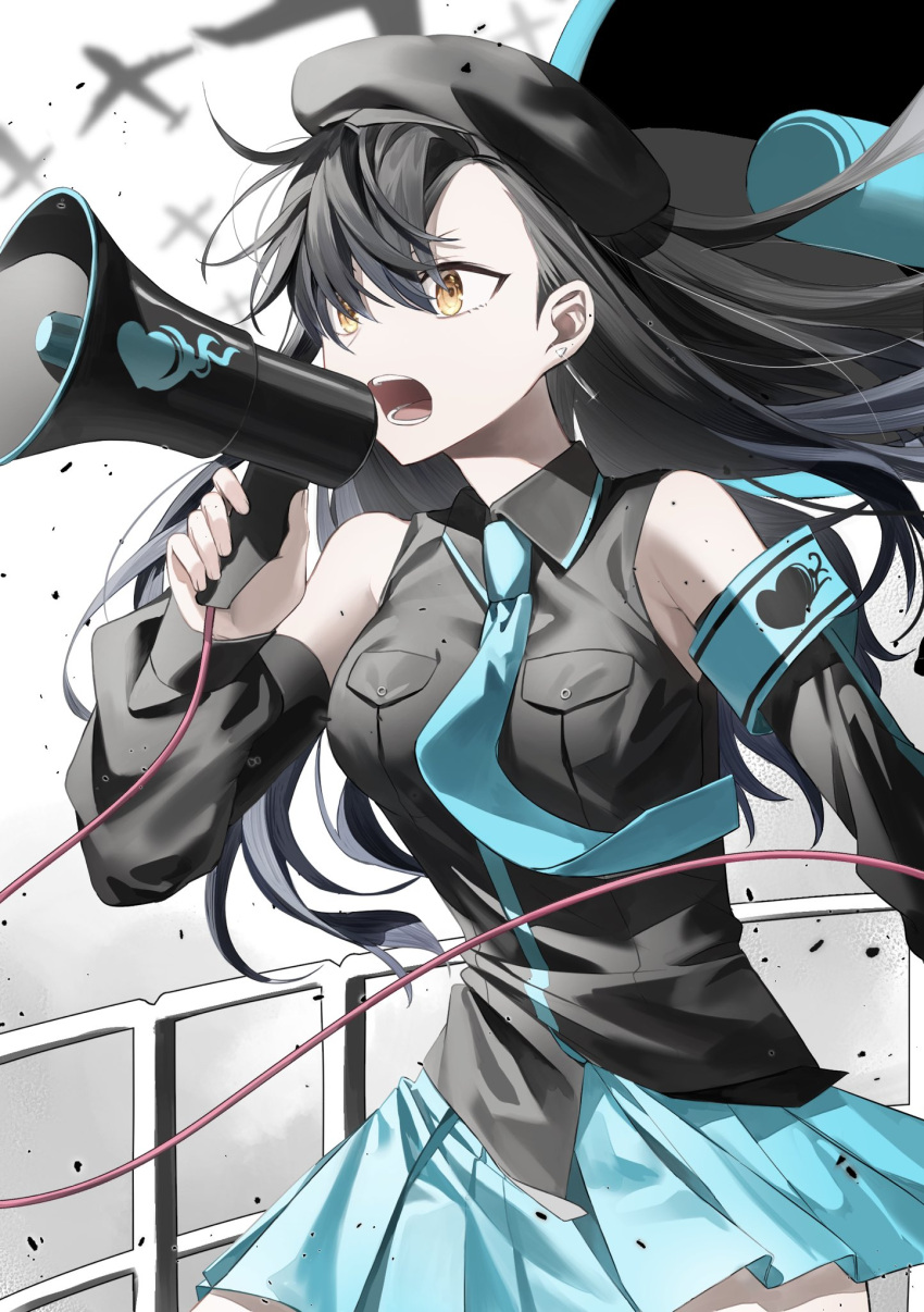 1girl aircraft airplane aqua_skirt black_hair black_headwear black_shirt breasts cosplay detached_sleeves earrings grey_sky hair_between_eyes hatsune_miku hatsune_miku_(cosplay) highres holding holding_megaphone jewelry koi_wa_sensou_(vocaloid) long_hair looking_ahead megaphone mumat_39 music necktie open_mouth pleated_skirt project_sekai shiraishi_an shirt singing skirt sky solo upper_body wide-eyed wind yellow_eyes