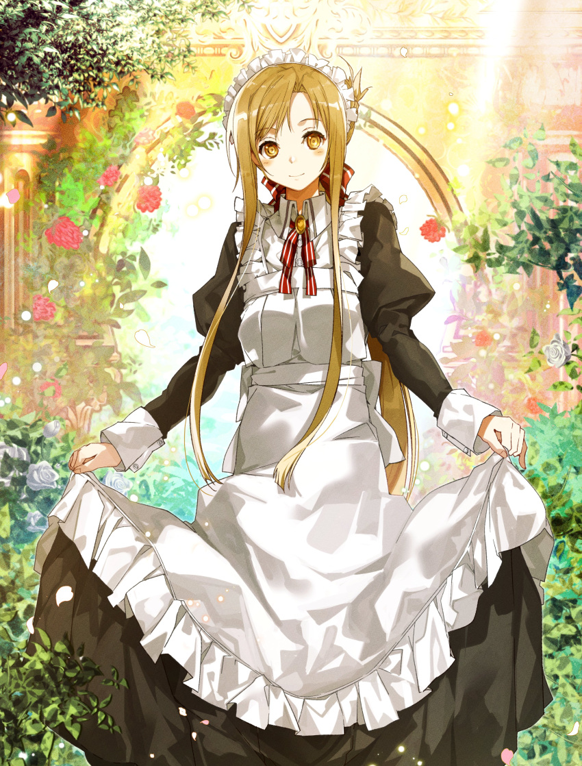 1girl absurdres alternate_costume apron arch asuna_(sao) black_dress blonde_hair dress enmaided flower frilled_apron frills hair_ribbon highres juliet_sleeves long_dress long_hair long_sleeves looking_at_viewer maid maid_apron maid_headdress neck_ribbon puffy_sleeves red_ribbon ribbon ringed_eyes skirt_hold solo striped striped_ribbon sword_art_online tree very_long_hair white_apron white_ribbon white_wrist_cuffs yellow_eyes yoru_kiri