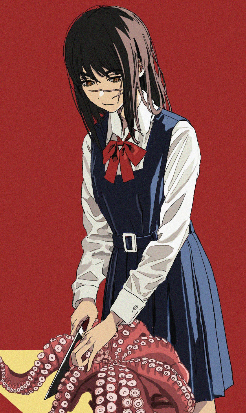 1girl absurdres black_dress bow bowtie breasts brown_hair chainsaw_man commentary cutting dress highres holding holding_knife knife lingerie octopus pinafore_dress red_background red_bow red_bowtie ringed_eyes scar scar_on_face school_uniform shiren_(ourboy83) shirt simple_background sleeveless sleeveless_dress small_breasts solo symbol-only_commentary underwear white_shirt yoru_(chainsaw_man)