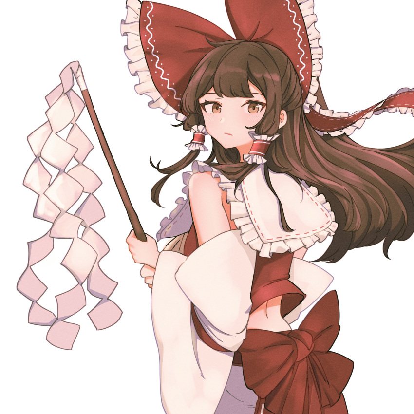 1girl :/ absurdres back_bow bare_shoulders blunt_bangs bow breasts brown_eyes brown_hair closed_mouth commentary_request commentary_typo detached_sleeves expressionless frilled_bow frilled_hair_tubes frilled_shirt_collar frills from_behind gohei hair_bow hair_tubes hakurei_reimu highres holding holding_stick light_blush long_hair long_sleeves looking_at_viewer looking_back medium_breasts mesuosushi midriff red_bow red_skirt red_vest simple_background skirt skirt_set solo stick touhou two-handed upper_body vest white_background wide_sleeves