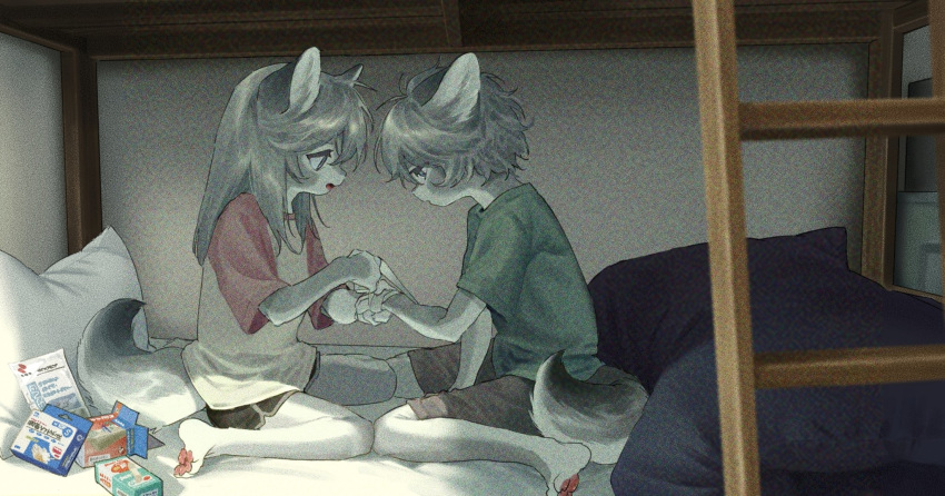 1boy 1girl animal_ears bandaged_hand bandages bed bed_sheet black_shorts bunk_bed cat_ears cat_girl cat_tail dolphin_shorts film_grain from_side furry furry_female furry_male green_shirt grey_hair grey_shorts highres indoors ladder long_hair mayumochini on_bed open_mouth original pawpads pillow profile shirt short_hair short_sleeves shorts sitting t-shirt tail wariza