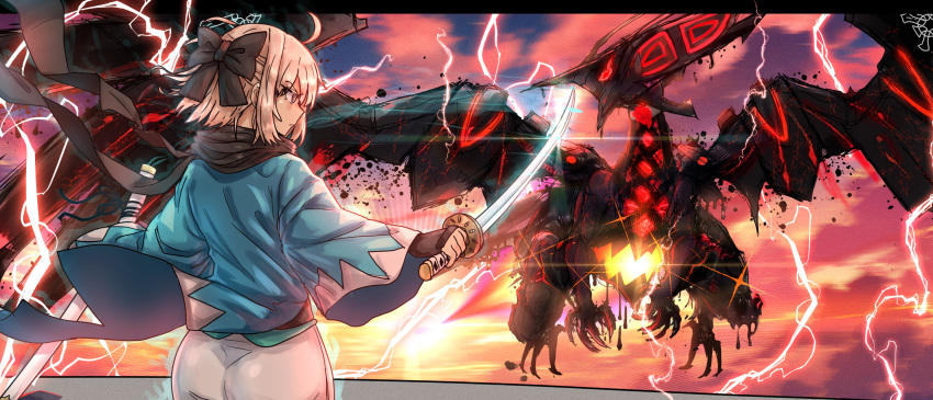 1girl absurdres ahoge albion_(fate) black_bow black_scarf blonde_hair bow commission dragon ebora electricity english_commentary fate/grand_order fate_(series) fighting_stance fingerless_gloves flying from_behind gleam gloves glowing glowing_sword glowing_weapon hair_bow haori highres holding holding_sheath holding_sword holding_weapon japanese_clothes katana kimono koha-ace okita_souji_(fate) scarf serious sheath short_hair short_kimono sky sunset sword weapon white_kimono yellow_eyes