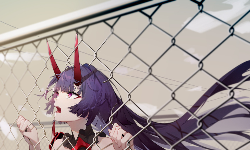 1girl absurdres bare_shoulders chain-link_fence clouds commentary_request fence floating_hair hands_up highres honkai_(series) honkai_impact_3rd horns kuo_(kuo114514) long_hair open_mouth outdoors portrait purple_hair raiden_mei sky solo very_long_hair violet_eyes x-ray