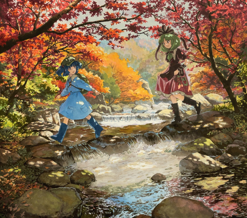 2girls black_footwear blue_footwear blue_hair boots bow day dress forest frilled_bow frilled_dress frilled_ribbon frills front_ponytail green_hair highres kagiyama_hina kawashiro_nitori leaf lifted_by_self maple_leaf maple_tree multiple_girls nature outdoors puffy_short_sleeves puffy_sleeves red_bow red_ribbon ribbon rock shiratama_(hockey) short_sleeves smile stream touhou tree two_side_up water waterfall