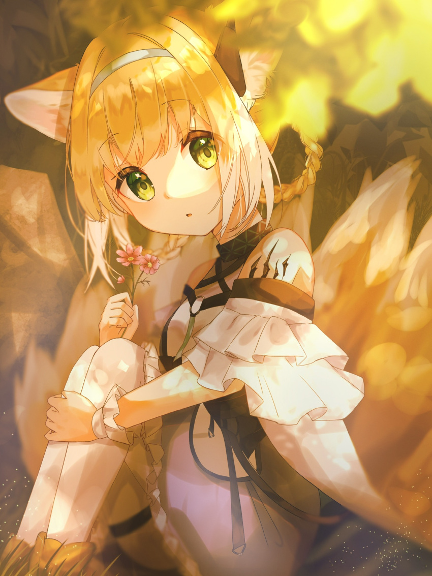 1girl animal_ear_fluff animal_ears arknights bare_shoulders black_collar blonde_hair blue_hairband braid braided_hair_rings clothing_cutout collar colored_tips commentary_request dress earpiece flower fox_ears fox_girl fox_tail frilled_dress frilled_sleeves frills green_eyes hair_rings hairband highres holding holding_flower infection_monitor_(arknights) kitsune kyuubi looking_at_viewer multicolored_hair multiple_tails nishimiya_aki oripathy_lesion_(arknights) pantyhose parted_lips purple_dress short_hair short_sleeves shoulder_cutout sitting solo suzuran_(arknights) tail twin_braids white_hair white_pantyhose