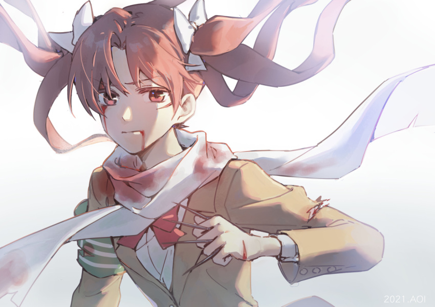 1girl armband backlighting between_fingers blood blood_from_eyes blood_from_mouth blood_on_clothes blood_on_face bow bowtie brown_eyes brown_hair brown_jacket cuts hair_bow holding huakuiliehuo injury jacket long_hair looking_at_viewer red_bow red_bowtie scarf serious shirai_kuroko simple_background solo toaru_kagaku_no_railgun toaru_majutsu_no_index torn_clothes twintails upper_body white_background white_bow white_scarf
