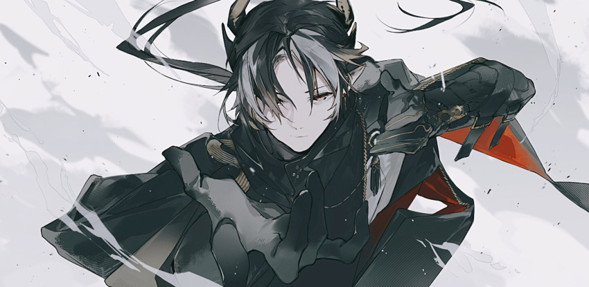 1boy arknights black_hair black_shirt black_skin cheonyeon-hi chong_yue_(arknights) colored_skin dragon_boy dragon_horns dust fighting_stance from_above frown grey_background grey_hair half-closed_eyes hand_up highres horns looking_at_viewer looking_up male_focus multicolored_hair pointy_ears serious shirt simple_background solo streaked_hair upper_body
