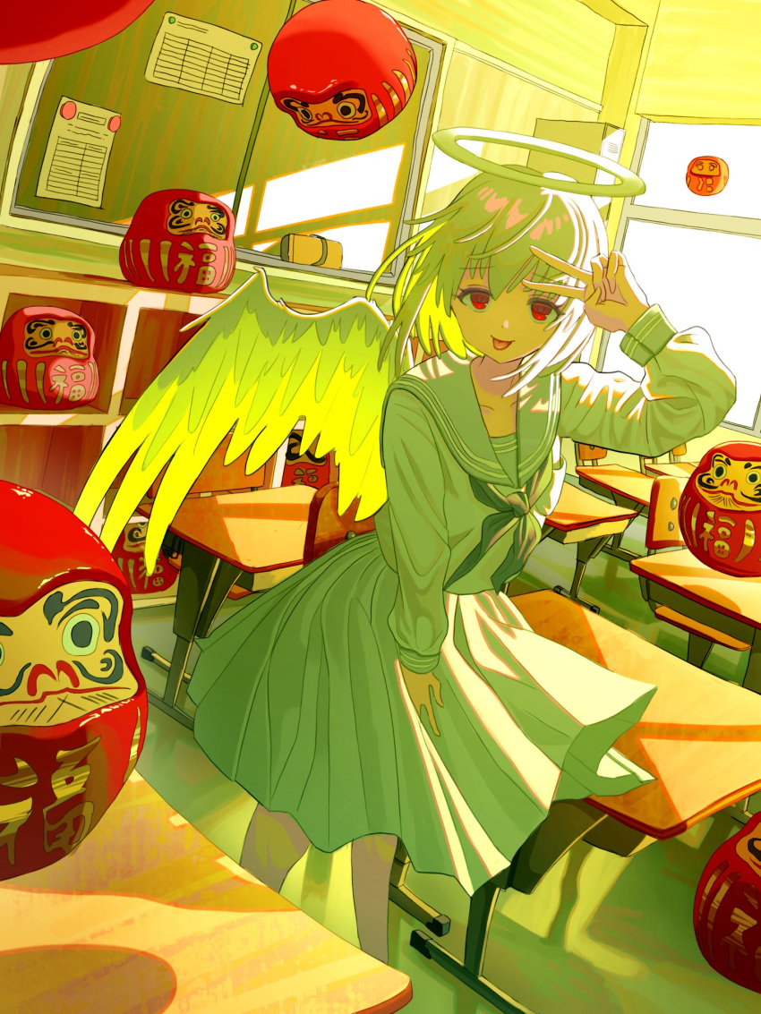 1girl angel angel_wings chair chalkboard classroom daruma_doll day desk dutch_angle feathered_wings feet_out_of_frame halo hand_up highres indoors kagenoyuhi long_sleeves looking_at_viewer neckerchief original pleated_skirt red_eyes sailor_collar sailor_shirt school_chair school_desk school_uniform serafuku shirt short_hair skirt smile solo standing tongue tongue_out v wings