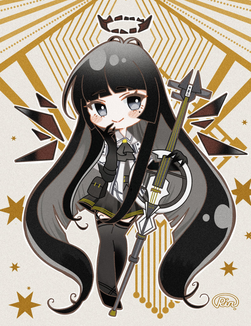 1girl antenna_hair arknights artist_name ascot belt belt_buckle belt_pouch black_ascot black_belt black_eyes black_footwear black_garter_straps black_gloves black_hair black_halo black_pouch black_skirt black_sleeves black_thighhighs black_wings blunt_bangs blush bright_pupils broken_halo brown_outline buckle cello closed_mouth collared_jacket colored_inner_hair commentary_request dark_halo deformed detached_wings energy_wings facing_viewer film_grain full_body garter_straps gloves grey_hair grey_shirt halo hand_on_own_cheek hand_on_own_face hands_up highres hime_cut holding holding_instrument holding_violin instrument invisible_floor jacket layered_sleeves long_hair long_sleeves looking_to_the_side miniskirt mole mole_under_eye multicolored_background multicolored_hair outline pale_skin pleated_skirt pouch riiiin_poca sepia_background shirt short_over_long_sleeves short_sleeved_jacket short_sleeves sidelocks signature skirt smile solo standing star_(symbol) strappy_heels thigh-highs two-tone_background two-tone_hair very_long_hair violin virtuosa_(arknights) white_belt white_jacket white_outline white_pupils wide_sleeves wing_collar wings yellow_background zettai_ryouiki