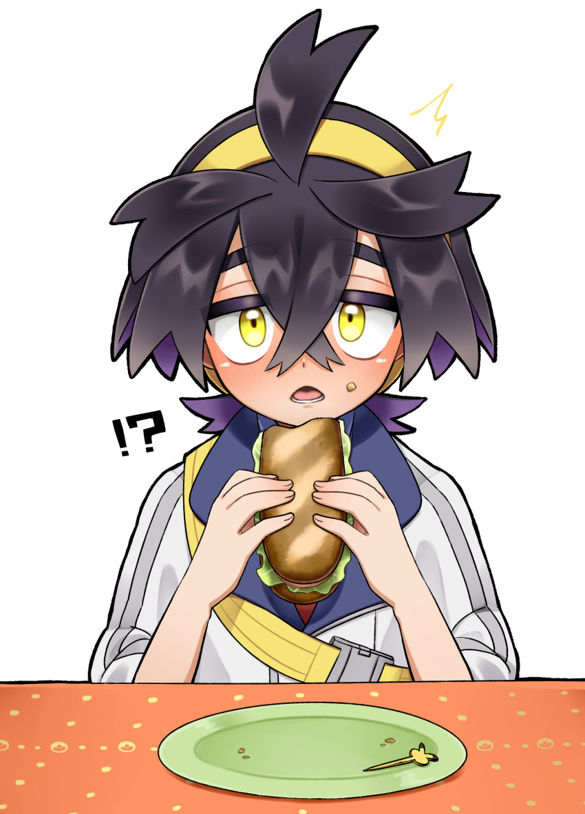 !? 1boy ^^^ ahoge black_hair blush buckle colored_inner_hair commentary_request crossed_bangs embarrassed food food_on_face hair_between_eyes hairband highres holding holding_food jacket kieran_(pokemon) kyouka._(kyouka) lettuce lower_teeth_only male_focus multicolored_hair open_mouth plate pokemon pokemon_(game) pokemon_sv sandwich skewer solo strap table teeth tongue white_background white_jacket yellow_eyes yellow_hairband