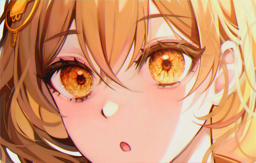 1girl 58_(opal_00_58) :o anis_(nikke) blonde_hair chromatic_aberration close-up crossed_bangs eyelashes goddess_of_victory:_nikke hair_between_eyes hair_ornament highres looking_at_viewer open_mouth sidelighting simple_background solo white_background yellow_eyes