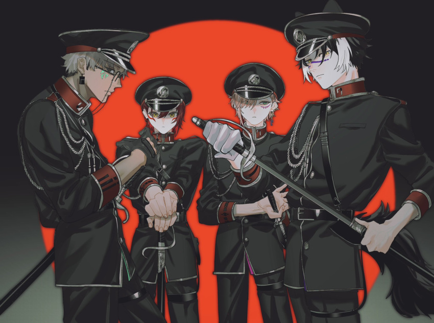 4boys aiguillette alternate_costume animal_ears arurandeisu belt belt_buckle black_background black_belt black_gloves black_hair black_headwear black_jacket black_pants buckle chain_earrings closed_mouth cowboy_shot cutout_gloves earrings ears_through_headwear eyewear_strap facial_mark from_side glasses gloves green_eyes grey_hair hair_behind_ear hair_between_eyes hair_over_one_eye hanasaki_miyabi hand_on_hilt hands_on_hilt hat highres holding holding_sword holding_weapon holostars jackal_boy jackal_ears jackal_tail jacket jewelry kageyama_shien long_sleeves looking_at_viewer male_focus military_uniform momiage_40 multicolored_hair multiple_boys official_alternate_hairstyle pants parted_bangs parted_lips peaked_cap pink_hair planted planted_sword profile red_background redhead rikka_(holostars) sam_browne_belt serious sheath sheathed short_hair sideways_glance single_earring single_glove single_sidelock sleeve_cuffs sleeves_past_elbows sword tail thigh_strap two-tone_background two-tone_hair uniform unplan_(holostars) unsheathing virtual_youtuber weapon white_gloves white_hair yellow_eyes