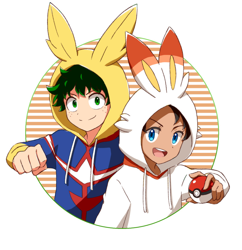 2boys :d alternate_costume black_hair blue_eyes boku_no_hero_academia border clenched_hand closed_mouth commentary_request cosplay crossover eyelashes freckles goh_(pokemon) green_eyes green_hair happy haruhi_(xy161027z) highres holding holding_poke_ball hood hood_up long_sleeves looking_at_viewer male_focus midoriya_izuku multiple_boys open_mouth poke_ball poke_ball_(basic) pokemon pokemon_(anime) pokemon_journeys scorbunny scorbunny_(cosplay) short_hair smile split_mouth tassel teeth tongue upper_teeth_only white_border