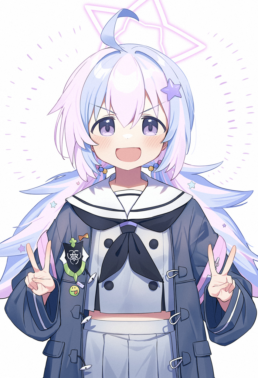 1girl :d black_coat black_neckerchief blue_archive blue_hair blush coat commentary_request double_v hair_ornament halo highres long_hair long_sleeves looking_at_viewer low_twintails multicolored_hair neckerchief open_clothes open_coat open_mouth pink_hair reisa_(blue_archive) sailor_collar school_uniform serafuku skirt smile solo star_(symbol) star_hair_ornament star_halo twintails two-tone_hair v violet_eyes wagashi928 white_sailor_collar white_serafuku white_skirt