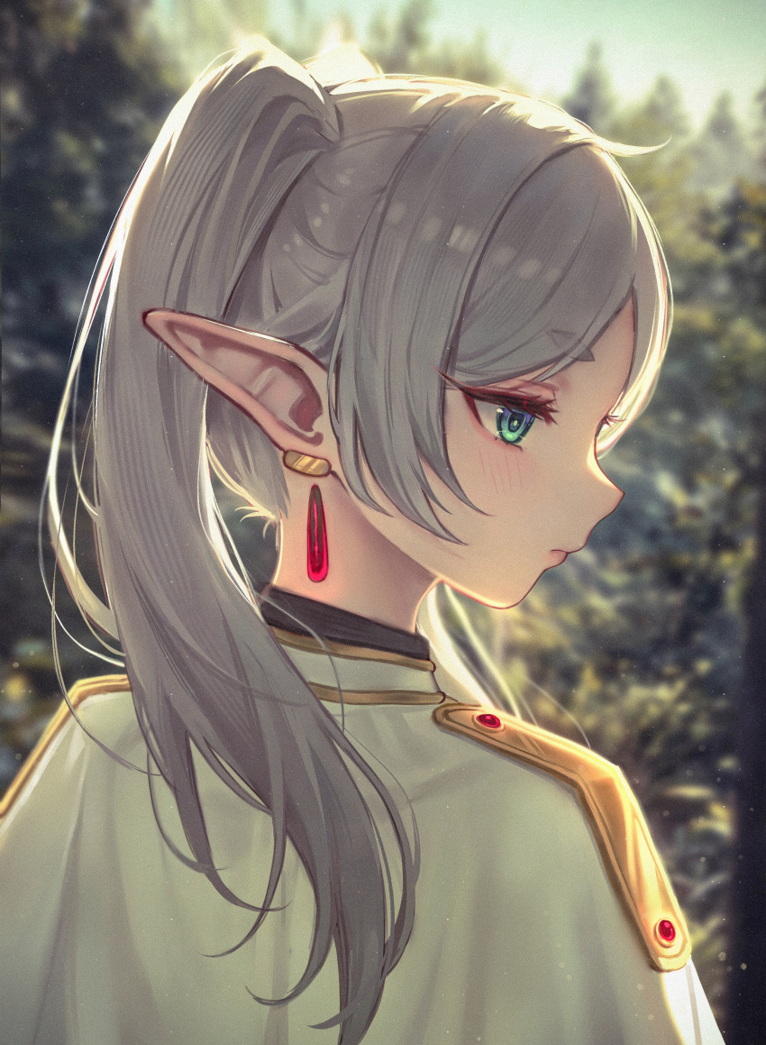 1girl absurdres backlighting blush capelet closed_mouth dangle_earrings day earrings elf expressionless frieren gold_trim green_eyes grey_hair highres jewelry long_hair outdoors parted_bangs pointy_ears profile qiu_ju solo sousou_no_frieren twintails upper_body white_capelet