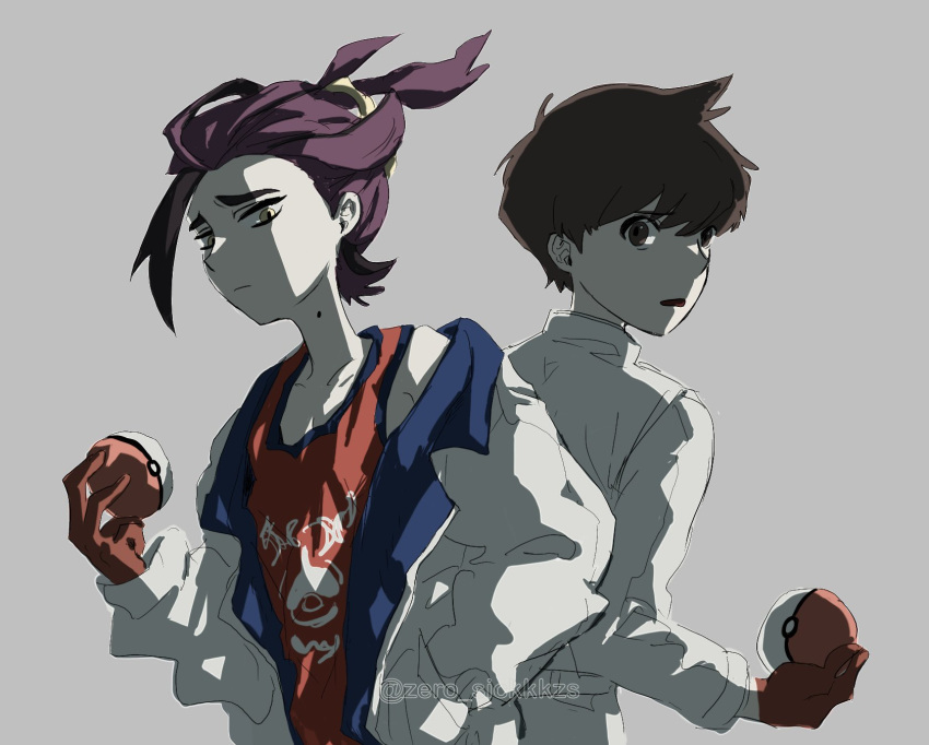 2boys :o blue_jacket brown_hair closed_mouth commentary_request expressionless florian_(pokemon) gloves grey_background highres holding holding_poke_ball jacket kieran_(pokemon) looking_at_viewer male_focus mole mole_on_neck multiple_boys open_mouth poke_ball pokemon pokemon_scarlet_and_violet purple_hair red_gloves red_tank_top short_hair simple_background tank_top upper_body very_short_hair white_jacket yellow_eyes zs_(zero_sickkkzs)